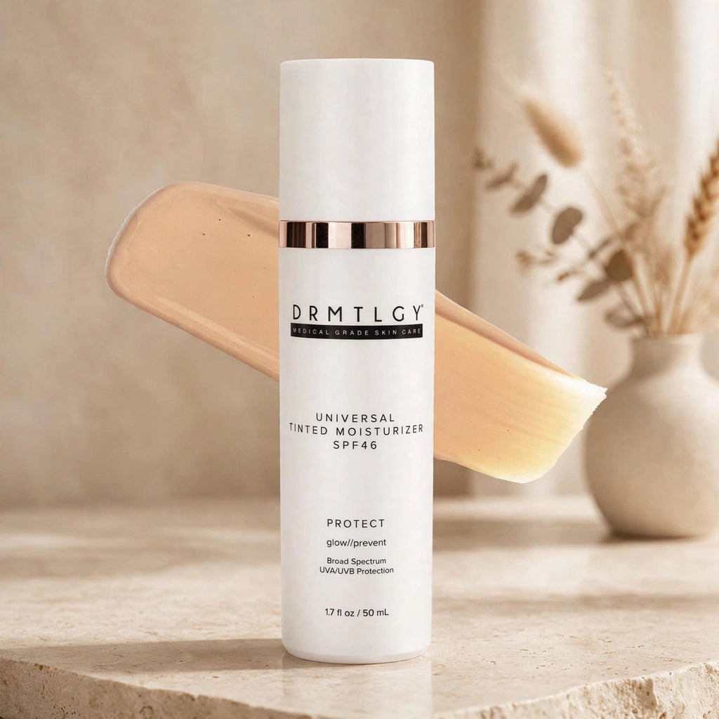 DRMTLGY Universal Tinted Moisturizer SPF 46 in a warm studio