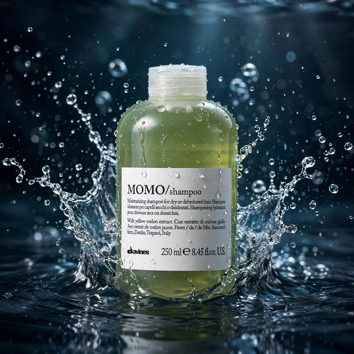 Davines MOMO shampoo bottle with water