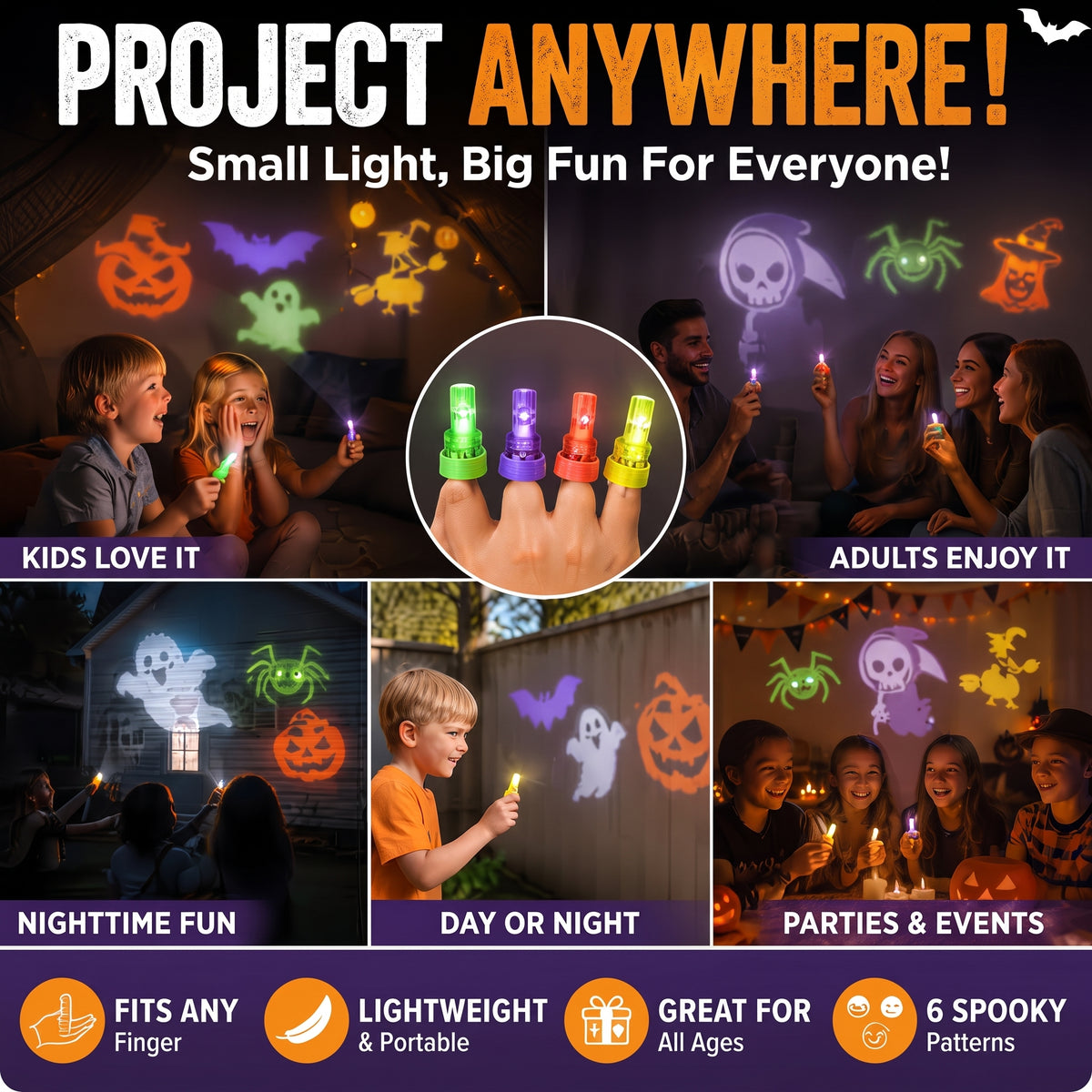Glowy™ Halloween Finger Projector Lights – 36-Piece Spooky Party Set