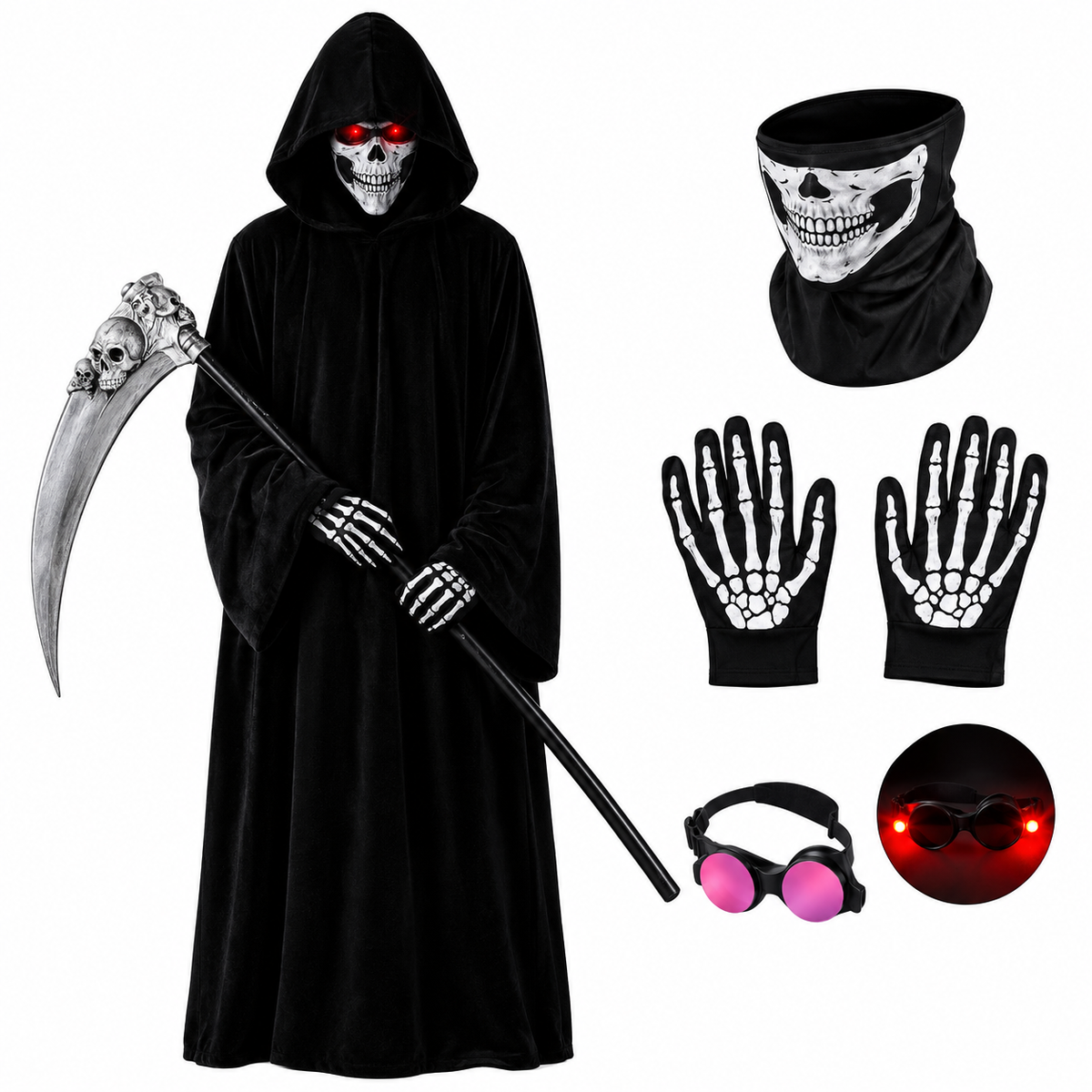 Glowy™ Grim Reaper Halloween Costume – Glowing Eyes & Scythe