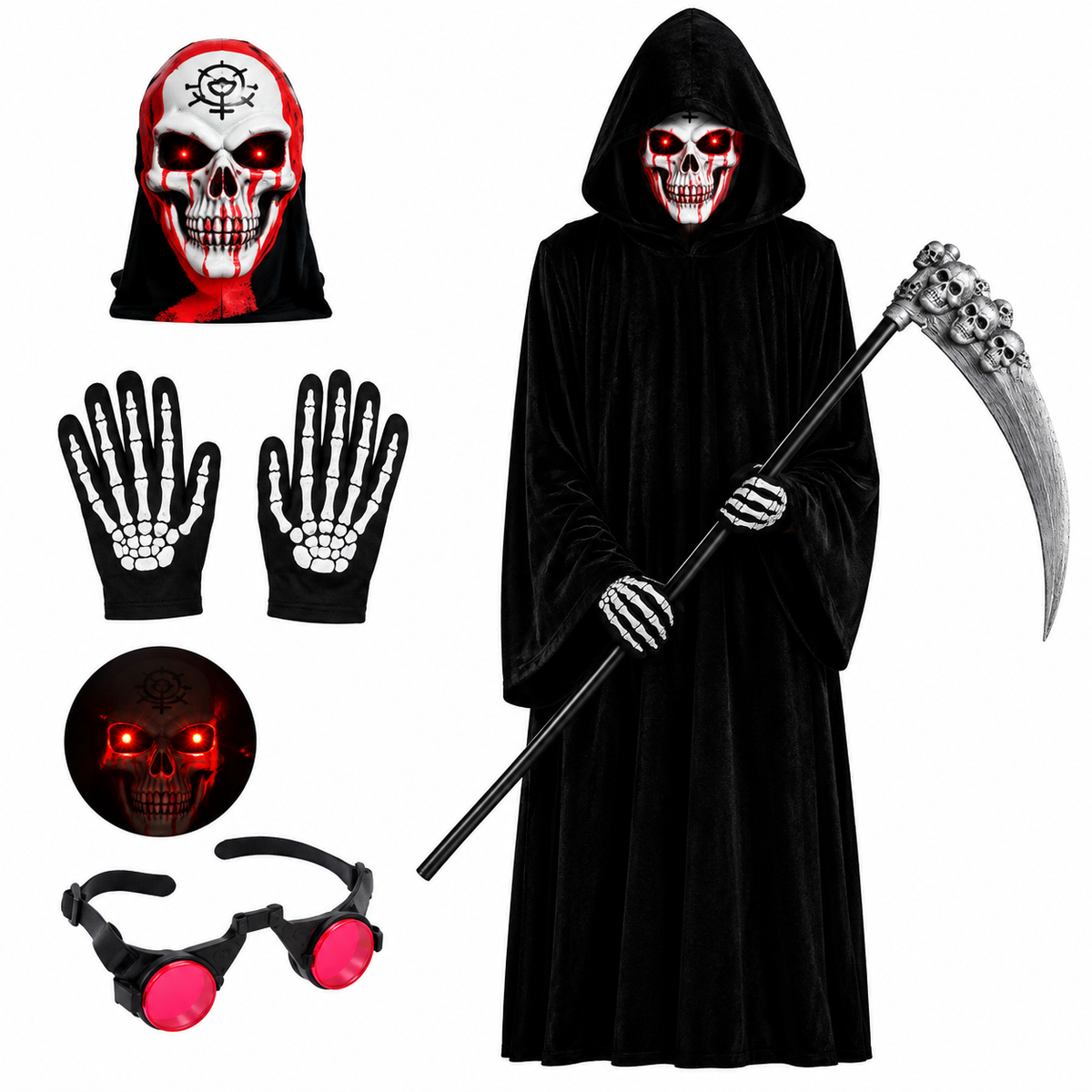 Glowy™ Grim Reaper Halloween Costume – Glowing Eyes & Scythe