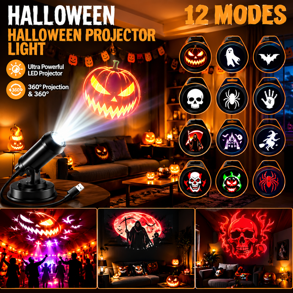 Glowy™ Halloween Projector Light – 12 Spooky Patterns & 360° Rotation