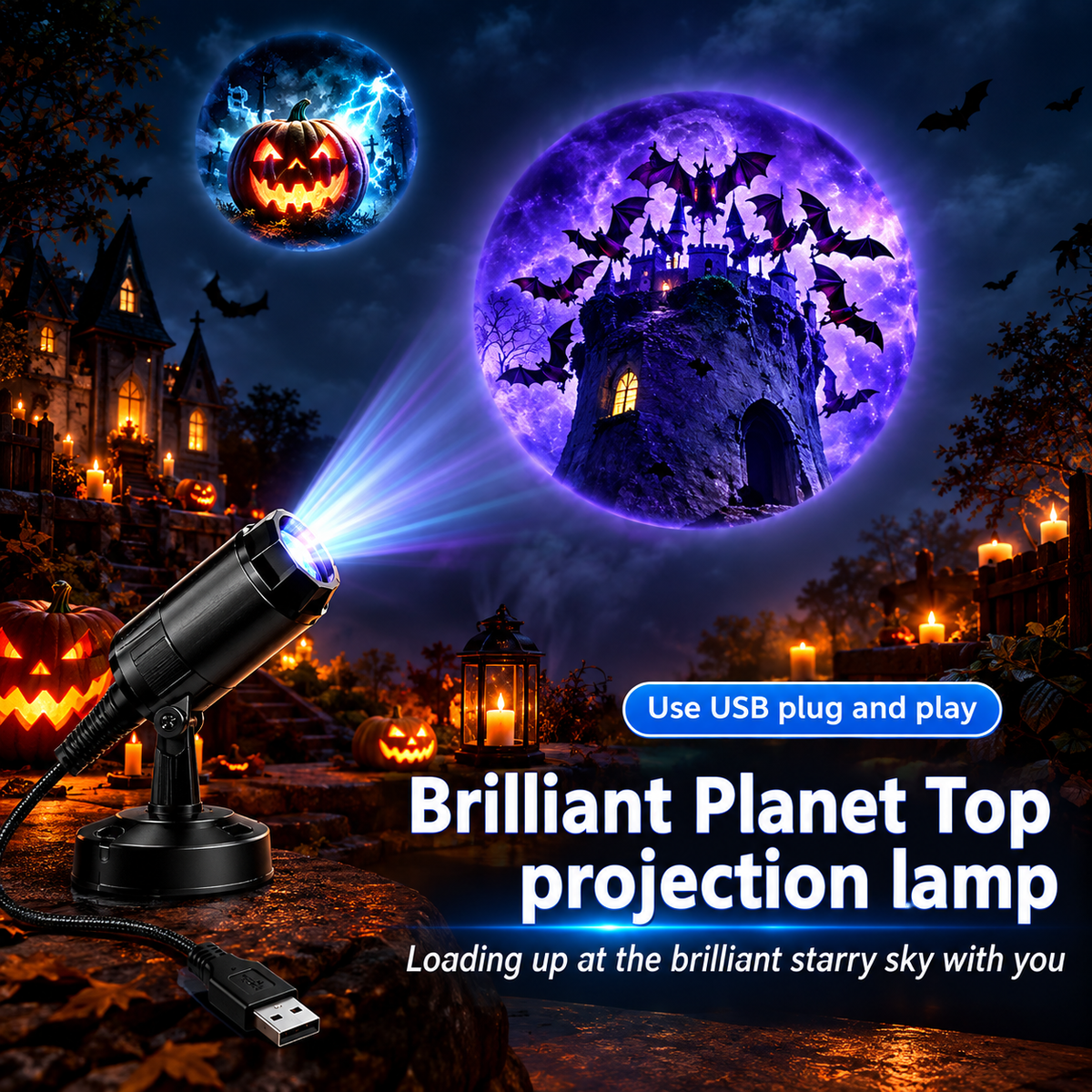 Glowy™ Halloween Projector Light – 12 Spooky Patterns & 360° Rotation