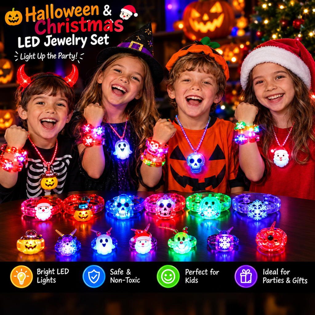 Glowy™ Halloween LED Glow Necklace & Wristband Set – 24-Piece Party Favors