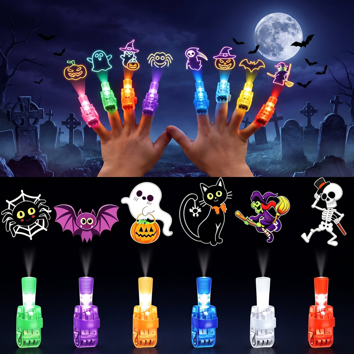 Glowy™ Halloween Finger Projector Lights – 36-Piece Spooky Party Set