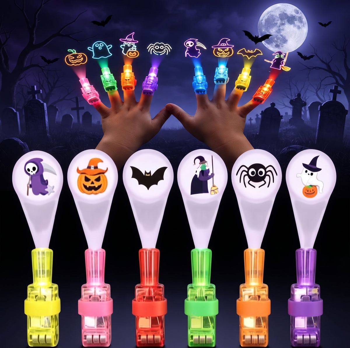 Glowy™ Halloween Finger Projector Lights – 36-Piece Spooky Party Set