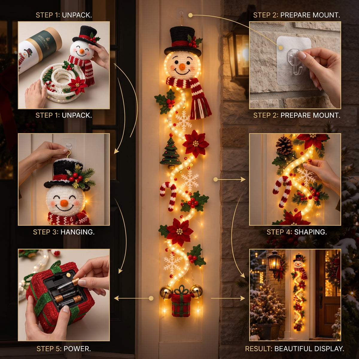 Light-Up Snowman Hanging Christmas Garland – 47" Vertical LED Porch & Door Wall Decor