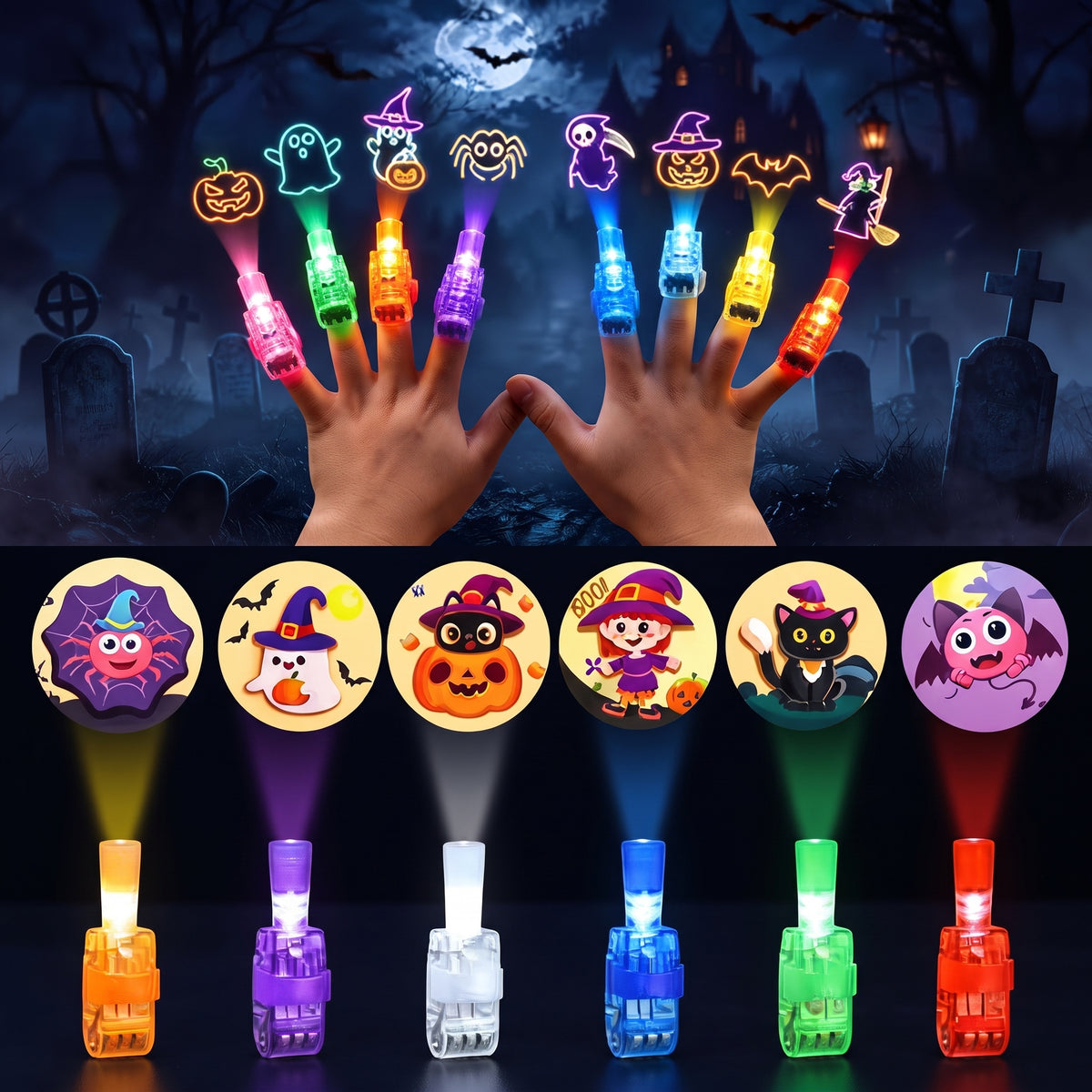 Glowy™ Halloween Finger Projector Lights – 36-Piece Spooky Party Set