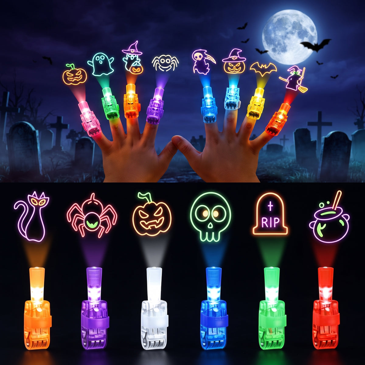 Glowy™ Halloween Finger Projector Lights – 36-Piece Spooky Party Set