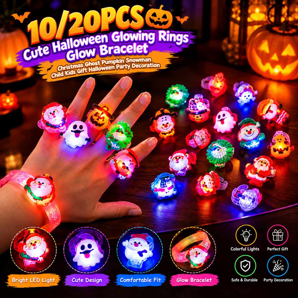 Glowy™ Halloween LED Glow Rings & Bracelets – 10/20PCS