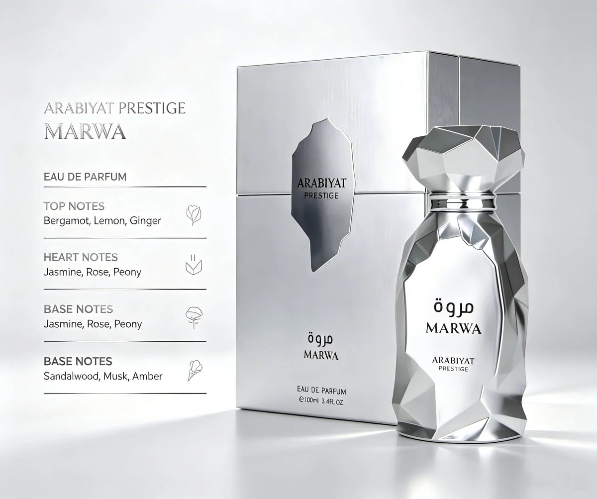 Product Details  Title: Arabiyat Marwa Eau De Parfum 3.4 oz / 100ml – Luxury Fresh Wood & Aromatic Fragrance with Silver Gift Box
