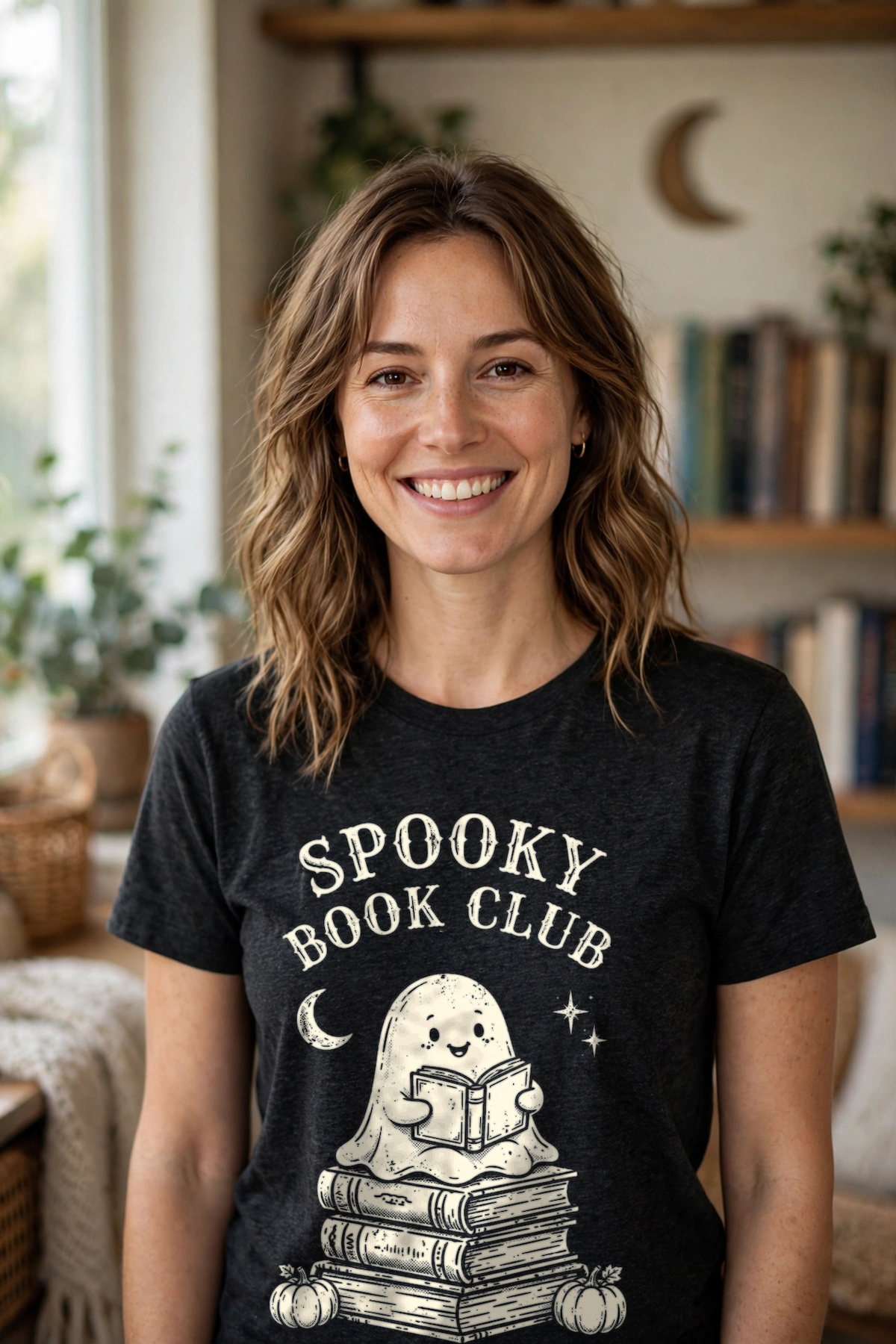 Spooky Book Club Shirt - model wearing in reading nook