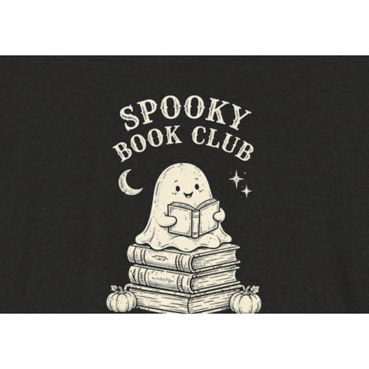 Spooky Book Club Shirt - print detail close-up, ghost reading design
