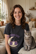 Cat Coven Crew Halloween Shirt - model wearing with cat at home