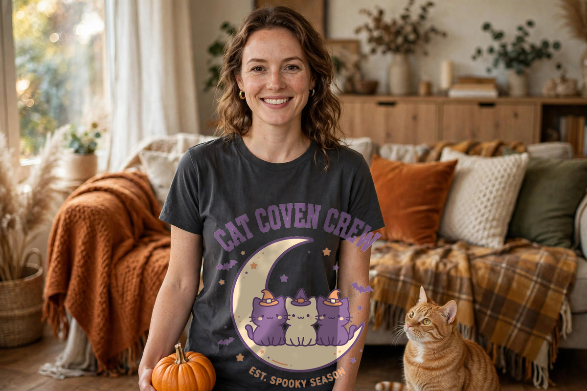 Cat Coven Crew Halloween Shirt - cozy lifestyle with cat