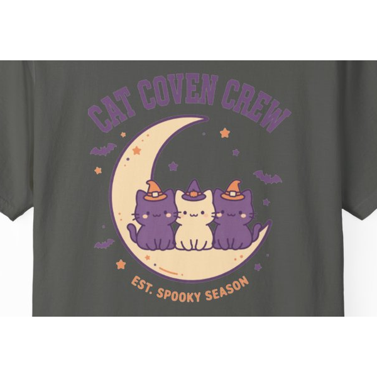 Cat Coven Crew Halloween Shirt - print detail close-up, witch cats moon design