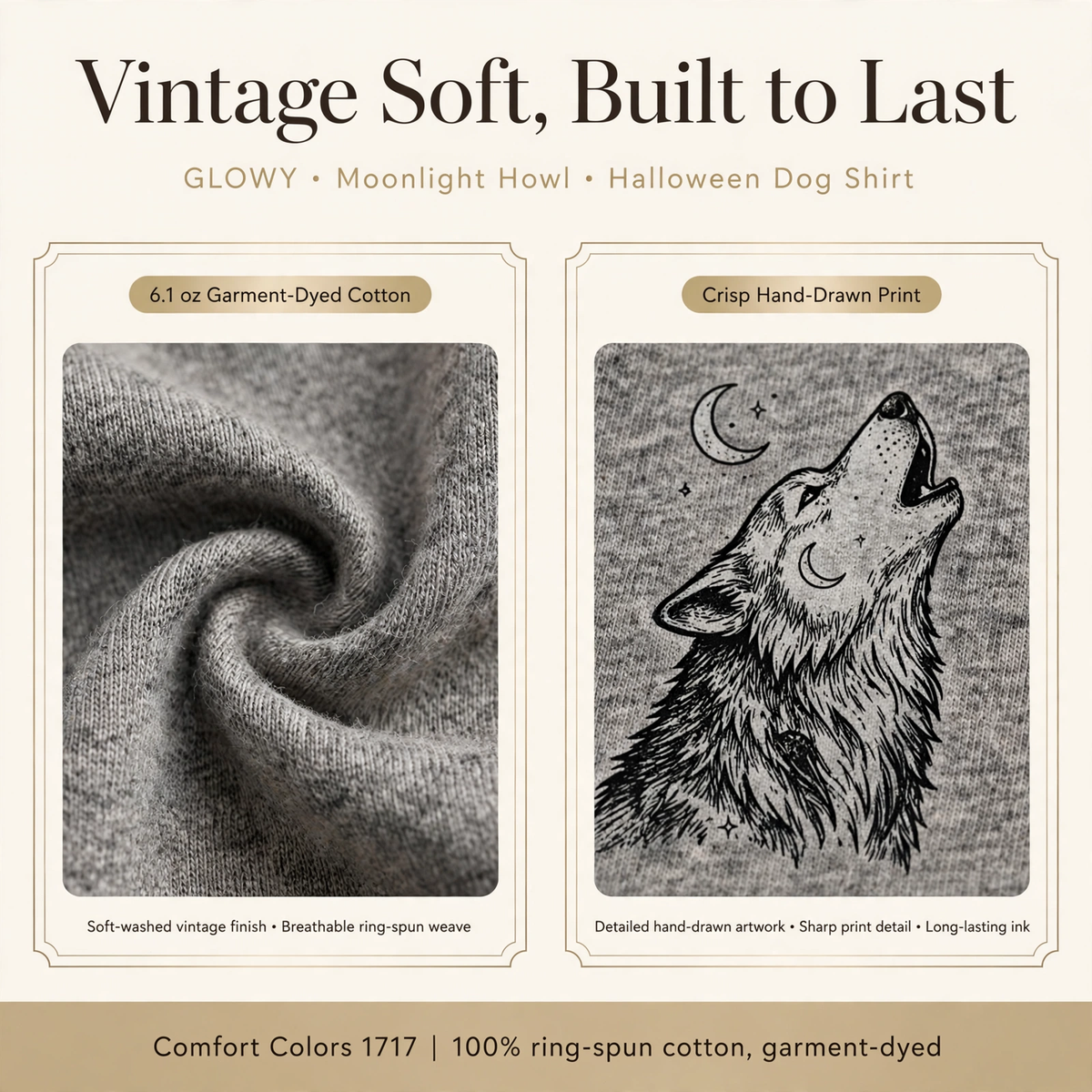 Moonlight Howl Dog – fabric + print quality close-ups