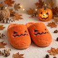 Pumpkin Plush Slippers - orange plush Halloween slippers with embroidered jack-o-lantern face
