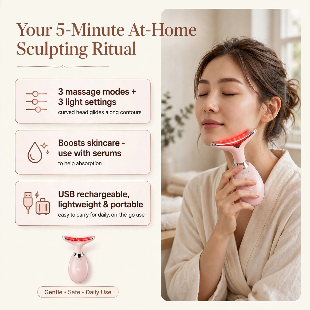Face & Neck Massager – benefits: 5-minute sculpting ritual, skincare boost, USB rechargeable