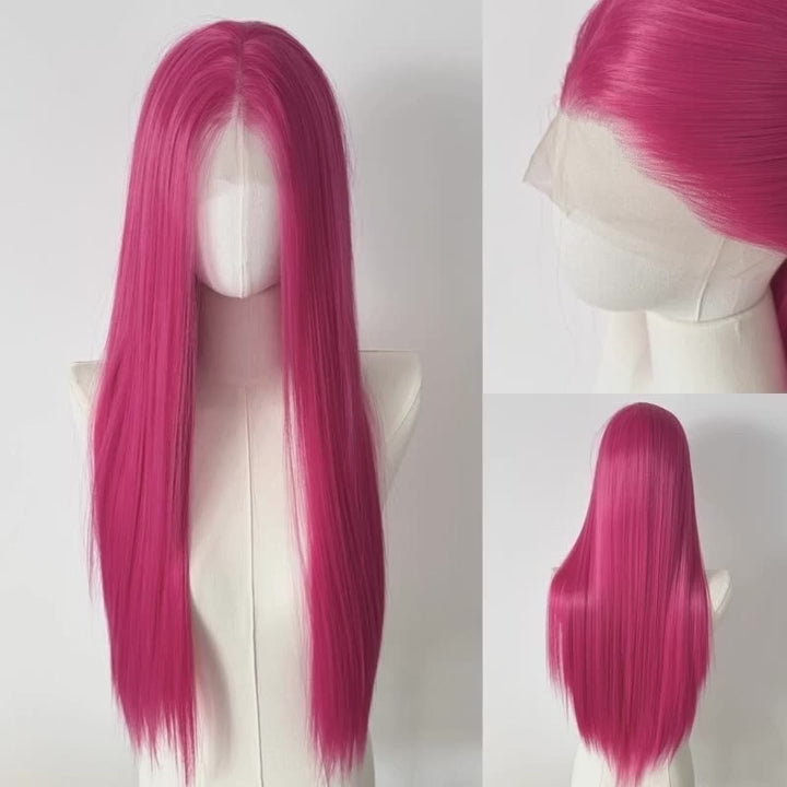 Glowy™ 26" Pink Lace Front Wig – Long Straight Heat-Resistant Synthetic Hair