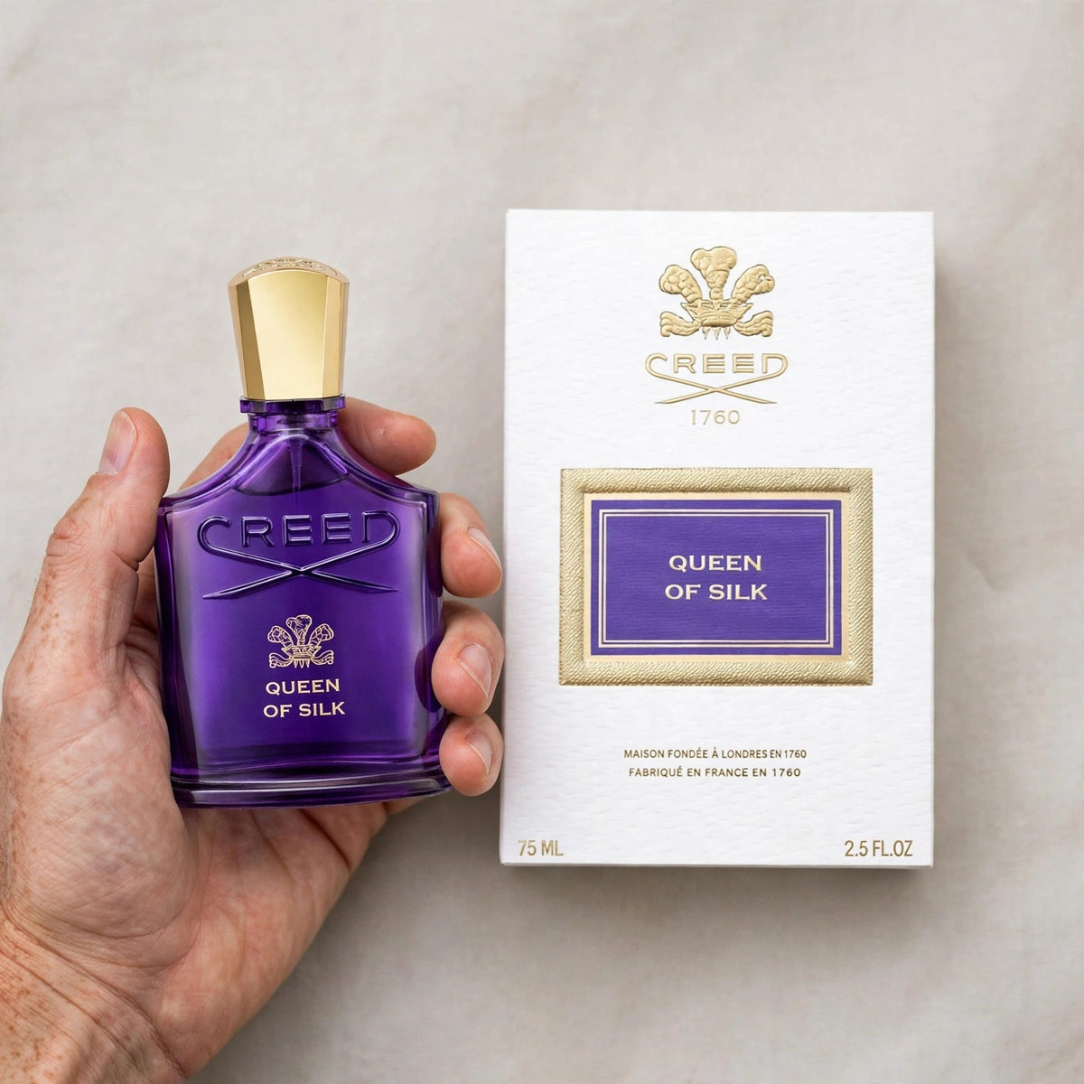 Creed Queen Of Silk Eau de Parfum 75ml / 2.5oz for Women — bottle and box held in hand