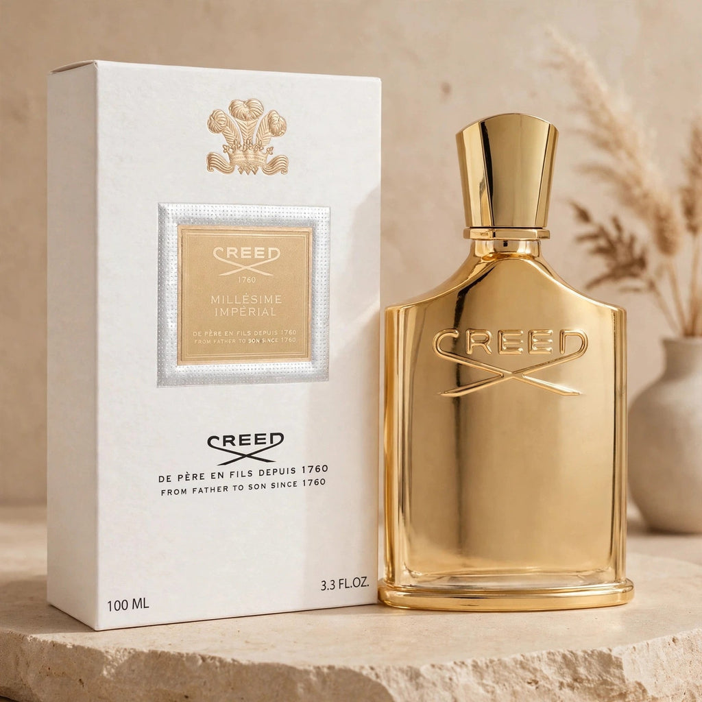 Creed Millesime Imperial Eau de Parfum 100ml / 3.3oz for Unisex — bottle and box in warm beige studio