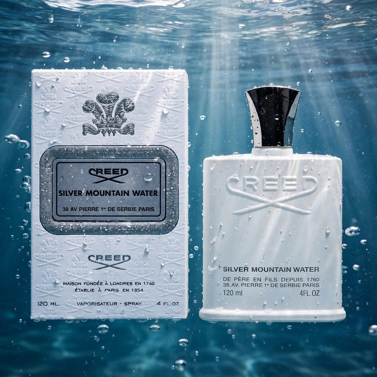 Creed Silver Mountain Water Eau de Parfum 120ml / 4.0oz for Men — bottle and box underwater