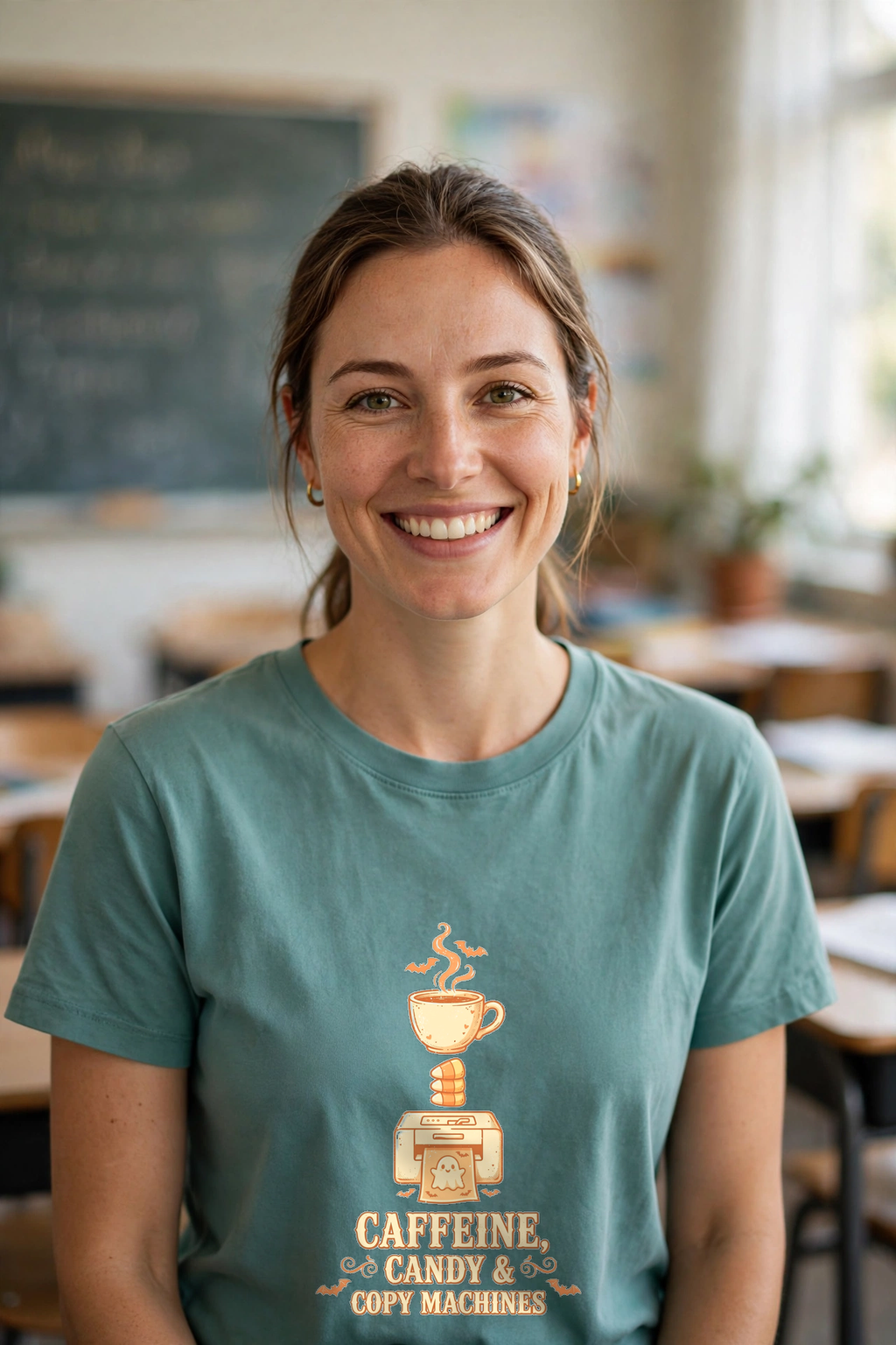 Spooky Teacher Halloween Shirt - model wearing in classroom