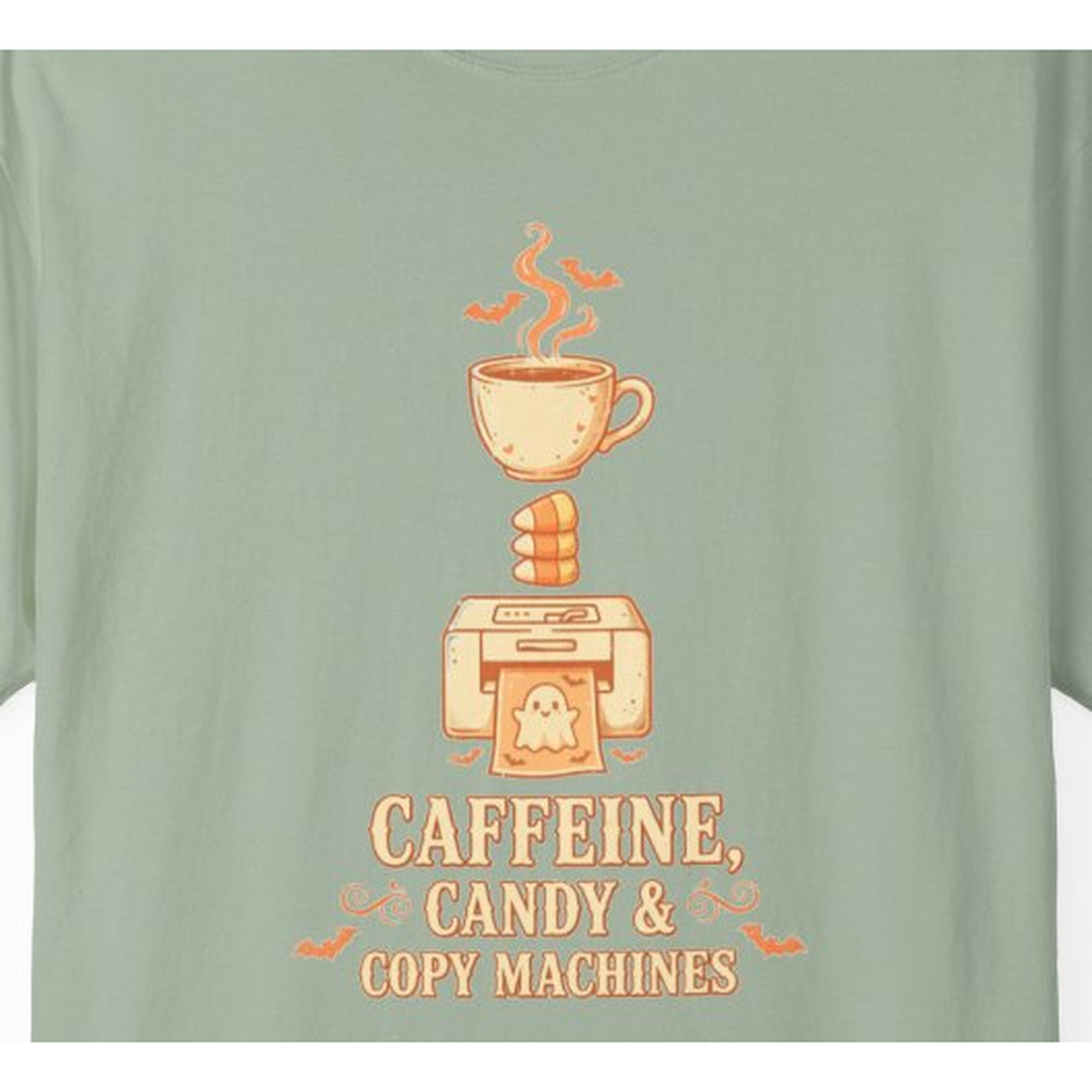 Spooky Teacher Halloween Shirt - print detail close-up, Caffeine Candy and Copy Machines design