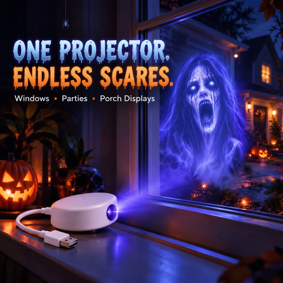Glowy™ Halloween Ghost Window Projector – 360° Adjustable USB Spooky Light Decor